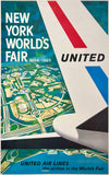 Authentic rare original vintage NEW YORK WORLD'S FAIR 1964-5 - UNITED AIR LINES linen backed UAL airline travel and tourism poster by artist Keys circa 1964.