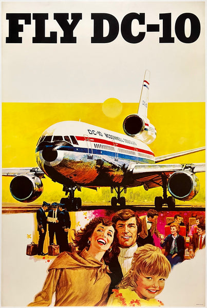 Beautiful authentic original vintage DC-10 linen backed  aviation airline travel and tourism poster affiche plakat circa 1972.