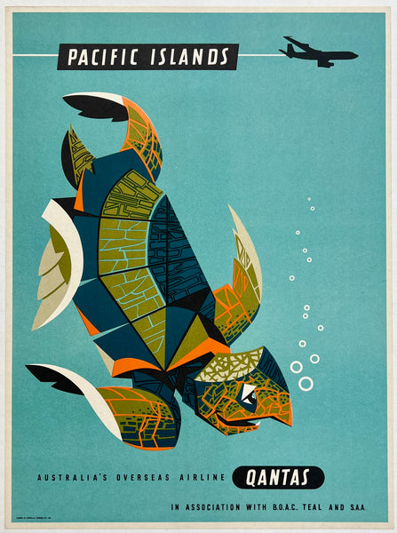 Rare authentic original vintage Pacific Islands Qantas linen backed airline travel and tourism poster plakat affiche featuring a sea turtle by artist Harry Rogers circa 1960s.