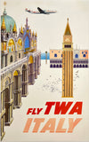 Original vintage Fly TWA Italy linen backed aviation travel and tourism poster plakat affiche by artist David Klein, illustrator of airline posters for Trans World Airlines destinations.