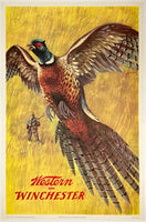 Original vintage Western Winchester pheasant hunting shotgun rifle linen backed advertising poster by artist Weimer Pursell, circa 1955.