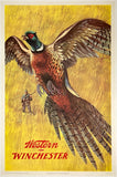 Original vintage Western Winchester pheasant hunting shotgun rifle linen backed advertising poster by artist Weimer Pursell, circa 1955.