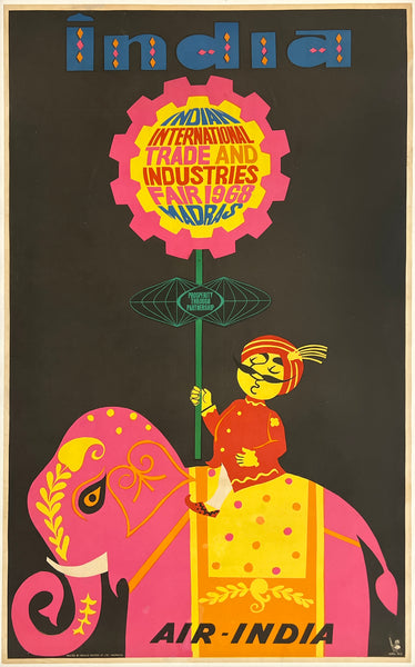 Vintage poster for the India International Trade and Industries Fair 1967 featuring an elephant and a person on a black background.