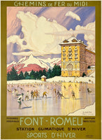 Vintage-style poster advertising Font-Romeu ski resort with a building and skiers on an ice rink.