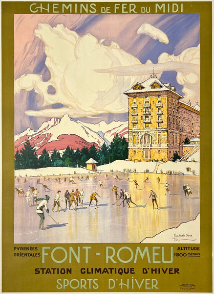 Vintage-style poster advertising Font-Romeu ski resort with a building and skiers on an ice rink.