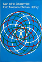 Poster for 'Man in His Environment' at the Field Museum of Natural History with concentric circles and a human figure.