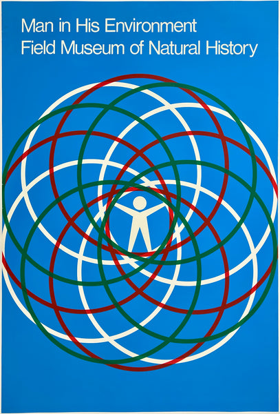 Poster for 'Man in His Environment' at the Field Museum of Natural History with concentric circles and a human figure.