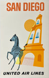 Rare authentic original vintage San Diego United Air Lines linen backed UAL airline travel and tourism partial silkscreen poster plakat affiche featuring the a zoo zebra and old mission circa 1960s.