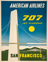 Original vintage AMERICAN AIRLINES - SAN FRANCISCO - 707 JET FLAGSHIP linen backed airline travel and tourism mid-century modern modernism poster featuring the Golden Gate Bridge by artist E. McKnight Kauffer circa 1948.