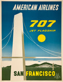 Original vintage AMERICAN AIRLINES - SAN FRANCISCO - 707 JET FLAGSHIP linen backed airline travel and tourism mid-century modern modernism poster featuring the Golden Gate Bridge by artist E. McKnight Kauffer circa 1948.