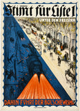 A vintage-style poster print with German text, featuring a snowy street scene on the right and a dark blue forest with figures on the left, divided diagonally by a bright orange mountain shape. The title at the top reads 'Stimmt für Lisel' and the bottom text reads 'DAHIN-FVHRT-DER BOLSCHEWINS'.
