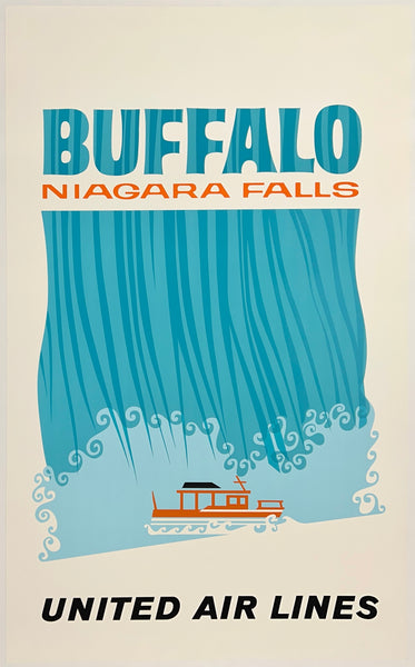 Authentic and very rare original vintage Buffalo United Air Lines linen backed UAL airline travel and tourism partial silkscreen poster circa 1960s
