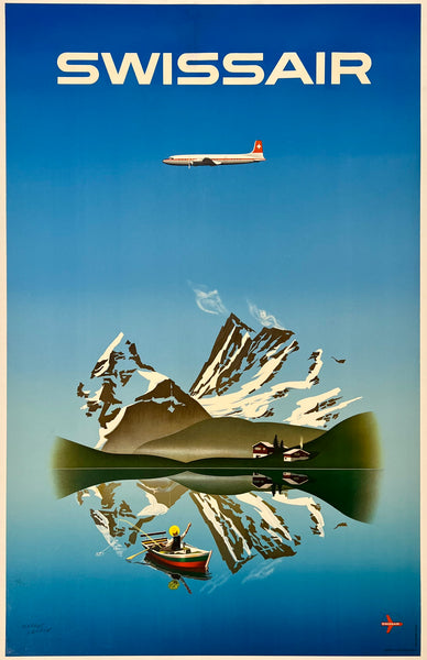 Beautiful rare authentic original vintage Swissair linen backed aviation airline travel and tourism poster plakat affiche by artist Herbert Leupin, circa 1956.