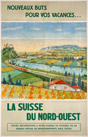 Original vintage NOUVEAUX BUTS POR VOS VACANCES - LA SUISSE DU NORD-OUEST - SWITZERLAND VACATION linen backed Swiss travel and tourism poster plakat affiche by artist Alois Cargiet circa 1944.