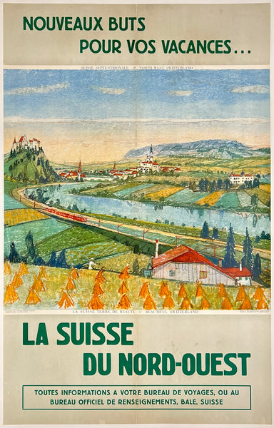 Original vintage NOUVEAUX BUTS POR VOS VACANCES - LA SUISSE DU NORD-OUEST - SWITZERLAND VACATION linen backed Swiss travel and tourism poster plakat affiche by artist Alois Cargiet circa 1944.