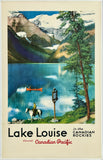 Vintage-style travel poster for Lake Louise in the Canadian Rockies featuring a scenic lake, mountains, and a horseback rider.