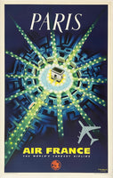 Air France travel poster featuring a stylized cityscape with lights and an airplane, promoting Paris.