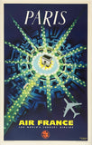 Air France travel poster featuring a stylized cityscape with lights and an airplane, promoting Paris.
