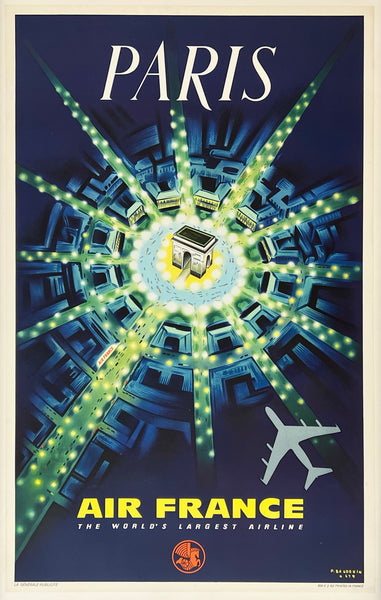 Air France travel poster featuring a stylized cityscape with lights and an airplane, promoting Paris.