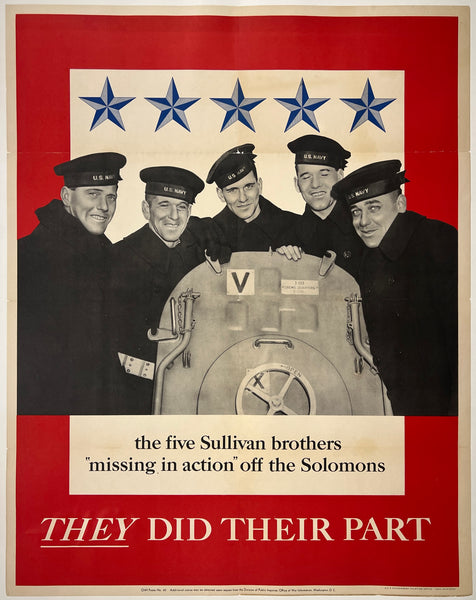 Rare authentic original vintage THE FIVE SULLIVAN BROTHERS - THEY DID THEIR PART linen backed American USA World War II propaganda poster plakat affiche printed circa 1943.