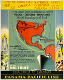 Vintage travel poster promoting the Panama Pacific Line with a map of the United States and Panama Canal.