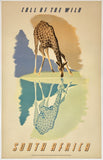 Vintage-style travel poster for South Africa featuring a giraffe and reflection.