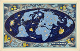 Vintage-style Air France world map poster with a dark blue oval globe, light blue continents, decorative clouds and figures around the border, and the text 'AIR FRANCE' at the bottom right.