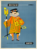 Vintage-style travel poster for Qantas Britain, featuring a stylized figure in an orange and yellow patterned coat with a white ruff collar, holding a yellow object against a muted blue background. The words 'BRITAIN' and 'QANTAS' are prominently printed.