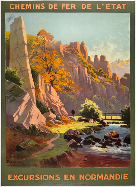 Vintage travel poster for Chemins de Fer de l'Etat promoting excursions in Normandy with a scenic landscape.