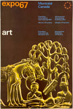 Poster for Expo 67 in Montreal, Canada featuring art exhibition details and a gold sculpture.