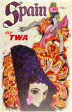 Original vintage Spain - Fly TWA linen backed aviation travel and tourism poster by artist David Klein, featuring a flamenco dancer, circa 1960s.