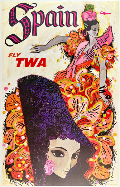 Original vintage Spain - Fly TWA linen backed aviation travel and tourism poster by artist David Klein, featuring a flamenco dancer, circa 1960s.