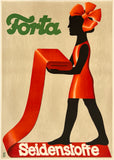 Vintage-style poster artwork showing a woman in profile wearing an orange dress and large orange bow, carrying a long orange ribbon on a beige background. The text reads 'Forta' at the top and 'Seidenstoffe' at the bottom.