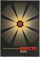 Authentic original vintage Osaka Expo '70 Japan World Exposition linen backed travel and tourism graphic design silkscreen poster plakat affiche promoting travel to Japan circa 1967.