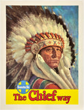 Vintage Santa Fe Railroad poster featuring a Native American chief with headdress against a blue sky.