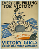 Vintage poster with a woman rowing a boat labeled 'Victory' and text about a war work campaign.