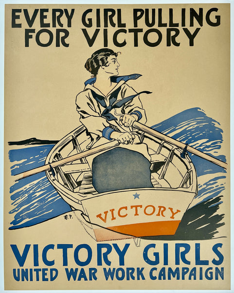 Vintage poster with a woman rowing a boat labeled 'Victory' and text about a war work campaign.