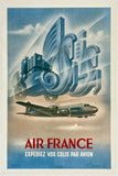 Vintage Air France travel poster featuring a stylized blue airplane and a luggage cart under a blue sky, with the text 'AIR FRANCE' and 'EXPÉDIEZ VOS COLIS PAR AVION' in red and white.