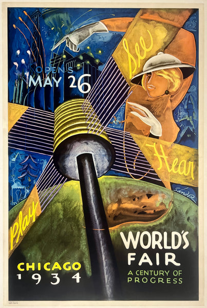 Rare authentic original vintage See Hear Play Chicago World's Fair A Century of Progress linen backed poster plakat affiche by artist Katz "Sandor."