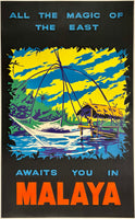 Rare authentic original vintage MALAYA - ALL THE MAGIC OF THE EAST AWAITS YOU linen backed Southeast Asian travel and tourism poster plakat affiche circa 1950s.