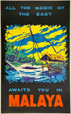 Rare authentic original vintage MALAYA - ALL THE MAGIC OF THE EAST AWAITS YOU linen backed Southeast Asian travel and tourism poster plakat affiche circa 1950s.