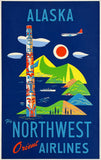 Authentic original vintage ALASKA - FLY NORTHWEST ORIENT AIRLINES linen backed airline travel and tourism poster plakat affiche circa 1950s.