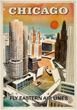 Vintage-style travel poster for Chicago featuring illustrated skyscrapers, a large orange sun, and the text 'CHICAGO' at the top and 'FLY EASTERN AIR LINES' at the bottom.