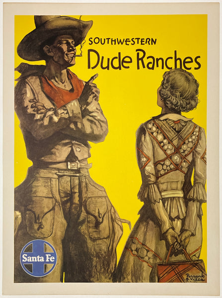 Original vintage SANTA FE RAILROAD - SOUTHWESTERN DUDE RANCHES linen backed American railway travel and tourism poster by artist Hernando Villa, circa 1949.