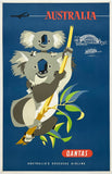 Qantas travel poster featuring a koala, eucalyptus branch, and architectural elements on a blue background.
