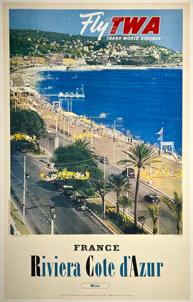 Original vintage FLY TWA - FRANCE - RIVIERA COTE D'AZUR - NICE linen backed aviation travel and tourism poster plakat affiche circa 1960.