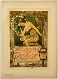 Vintage-style advertisement poster with a woman and decorative elements on a beige background