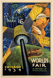 Vintage poster for the 1934 Chicago World's Fair with a woman holding a microphone.