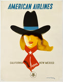 Original vintage American Airlines - California-Arizona-Texas-New Mexico linen backed Southwestern America travel and tourism airline poster by artist E. McKnight Kauffer, circa 1948.
