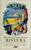 Rare authentic original vintage THE FRENCH AND ITALIAN RIVIERA - BRITISH RAILWAYS linen backed railroad travel and rail tourism poster plakat affiche circa 1953.